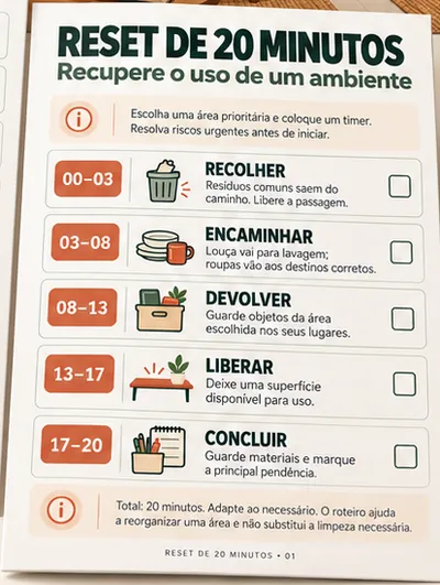 Página do Reset de 20 Minutos com cinco etapas cronometradas