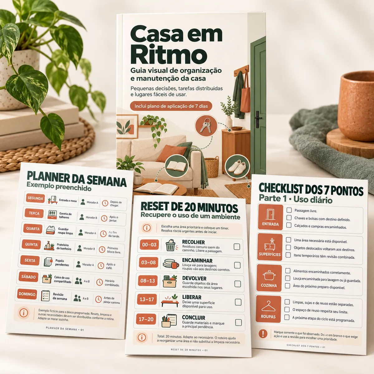 Mockup do ebook Casa em Ritmo com o Planner da Semana, o Reset de 20 Minutos e o Checklist dos 7 Pontos sobre uma mesa clara