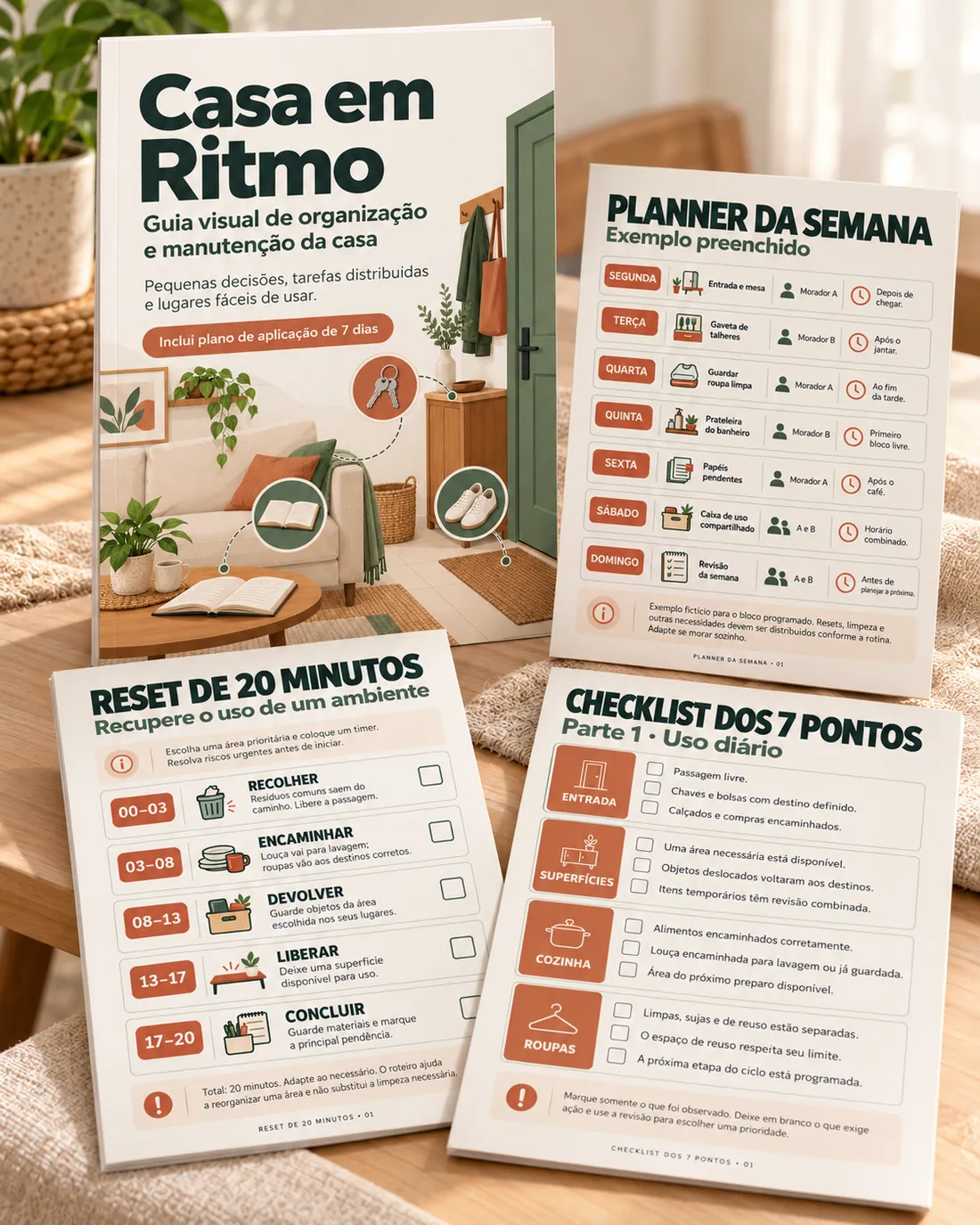 Capa do ebook Casa em Ritmo ao lado das primeiras páginas dos três materiais complementares