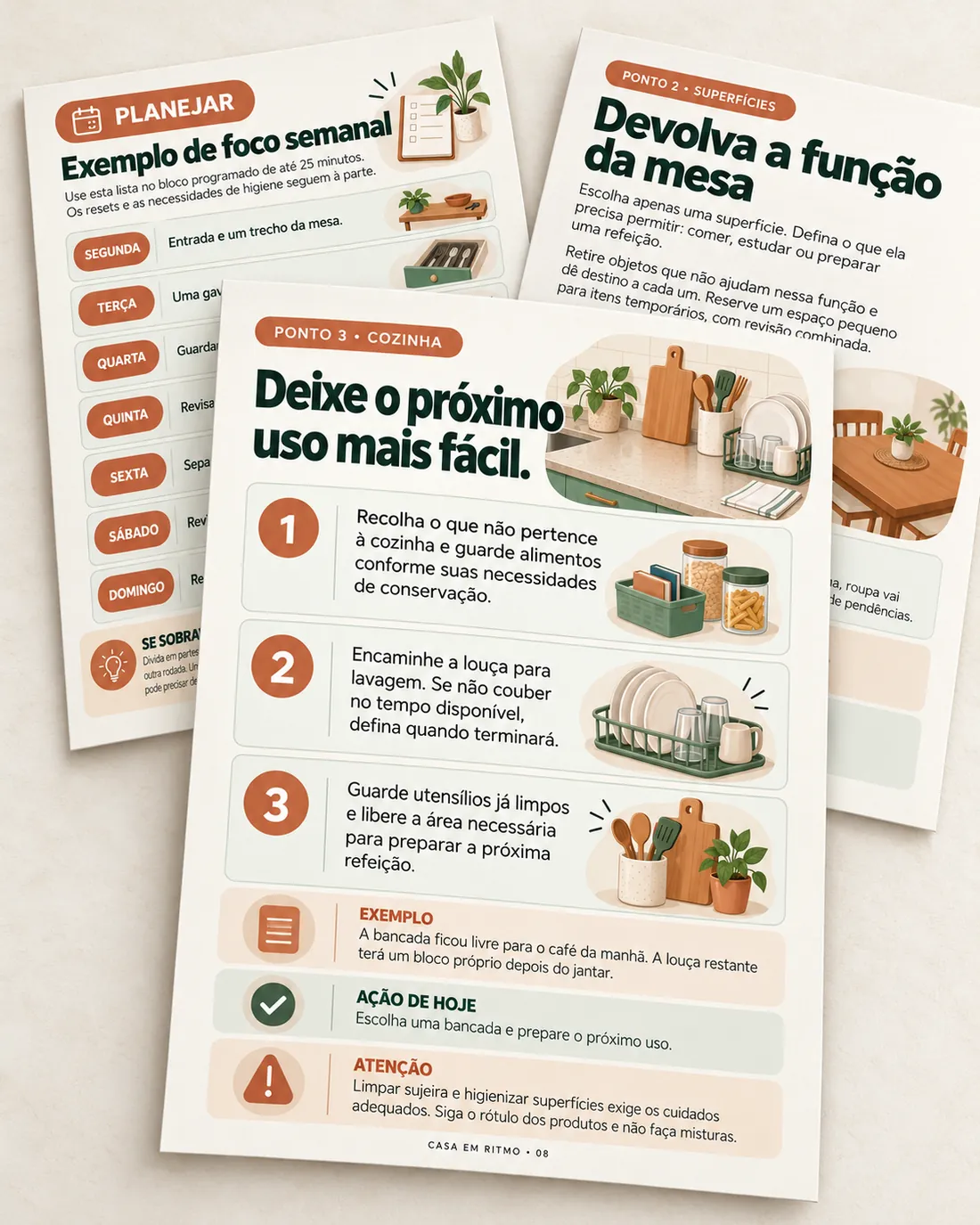 Três páginas internas do ebook: exemplo de foco semanal, Ponto 2 sobre superfícies e Ponto 3 sobre a cozinha