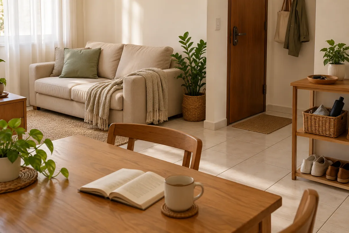 Sala simples e iluminada, com a mesa livre e chaves e sapatos em lugares definidos perto da porta