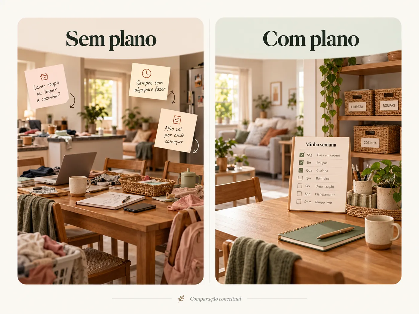 Comparação conceitual: à esquerda uma mesa cheia de objetos e lembretes soltos, à direita a mesma casa com cestos identificados e uma lista da semana